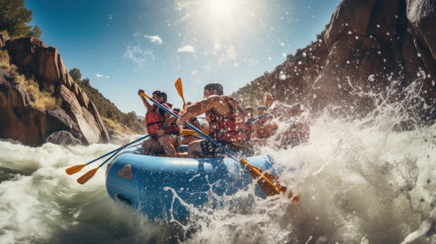 Rafting su una grande barca su un fiume di montagna squadra coesione squadra di costruzione