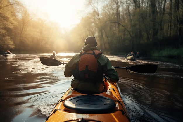 Rafting sul fiume kayak ricreazione attiva Vista posteriore di un gruppo di persone atleti in barche sull'acqua in primavera giornata di sole primo piano AI generativa