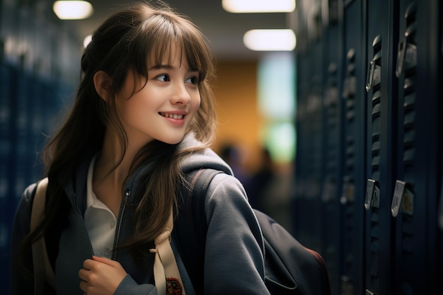 ragazza abbastanza asiatica sorridente del liceo vicino all'armadietto a scuola