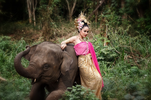 Ragazza abbastanza tailandese in costumi tradizionali tailandesi con l&#39;elefante