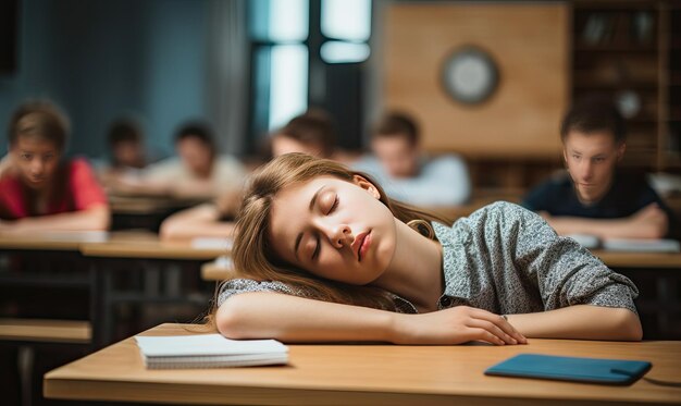 Ragazza addormentata che si riposa sulla scrivania della classe