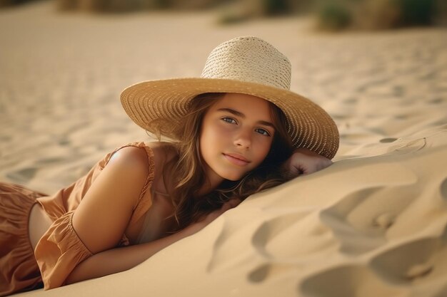 Ragazza adolescente caucasica sdraiata sulla sabbia della spiaggia mentre guarda la telecamera indossando un grande cappello di paglia