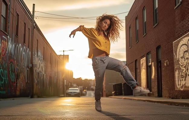 Ragazza adolescente che fa breakdance in una strada della città