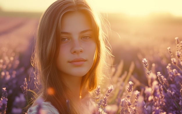 Ragazza adolescente in mezzo a un campo di lavanda in fiore con il calore del sole che tramonta che illumina i suoi tratti