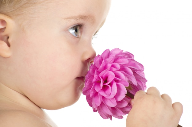 Ragazza adorabile che sente l'odore del profumo di un fiore