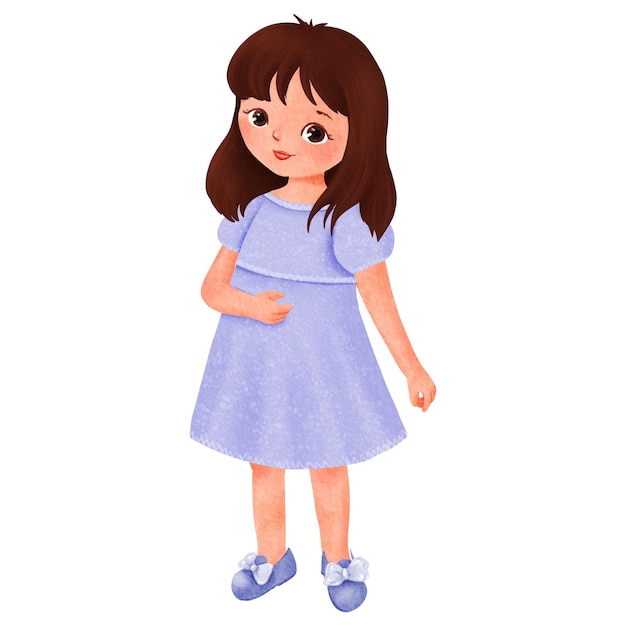Ragazza affascinante con i capelli castani in un vestito blu progettato per abbigliamento e moda per bambini