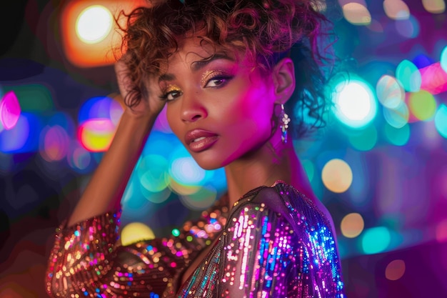 Ragazza affascinante con trucco scintillante e vestito a sequini contro lo sfondo luminoso di Bokeh di notte