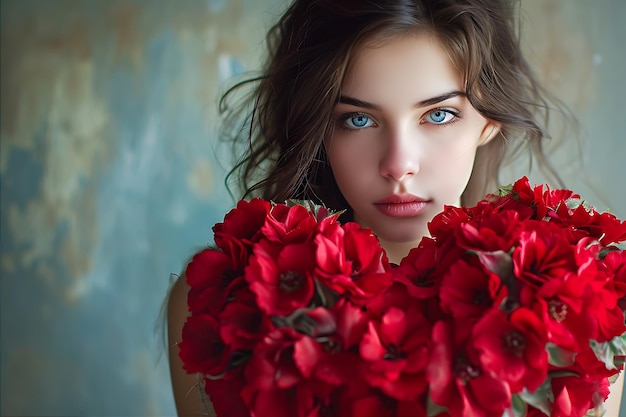 Ragazza affascinante con un bouquet di cuori rossi