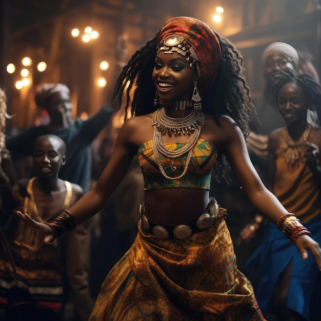 Ragazza africana che balla danza nazionale in abiti africani