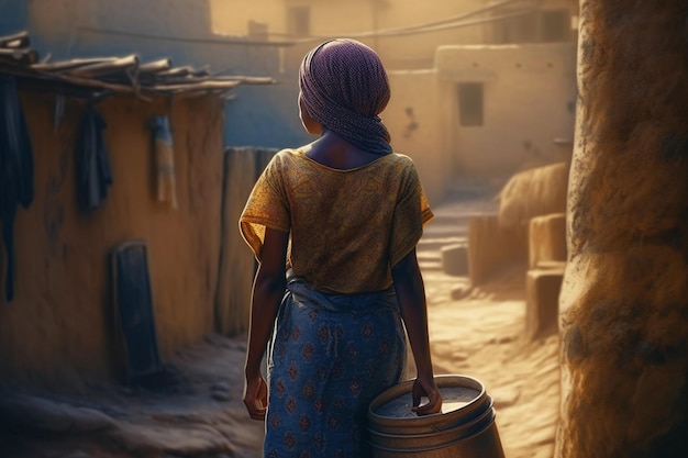 Ragazza africana che porta un secchio d'acqua