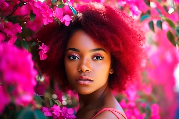 Ragazza africana con capelli rosa ricci sullo sfondo della bouganville Ai generativa