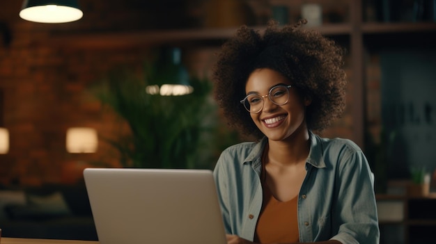 Ragazza afroamericana al ristorante con il computer portatile