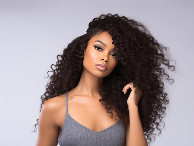 ragazza afroamericana capelli ricci shampoo o conditiinoer pubblicità