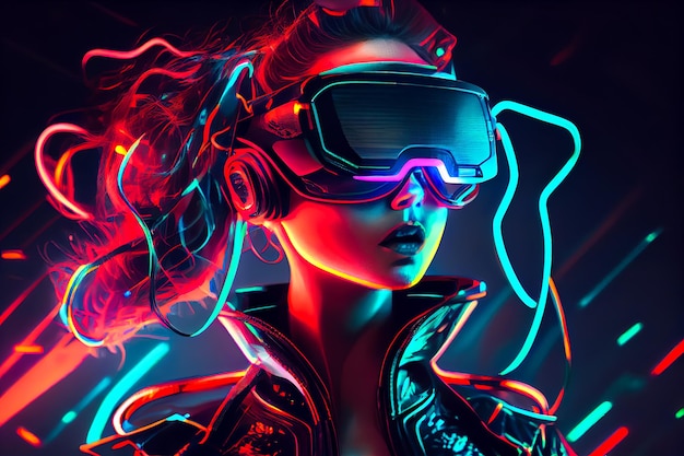 Ragazza al neon futuristica con occhiali VR IA generativa IA generativa