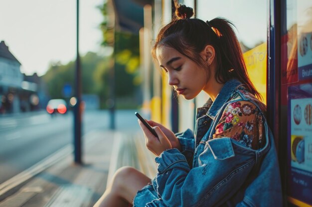 Ragazza alla moda alla fermata dell'autobus utilizzando il telefono