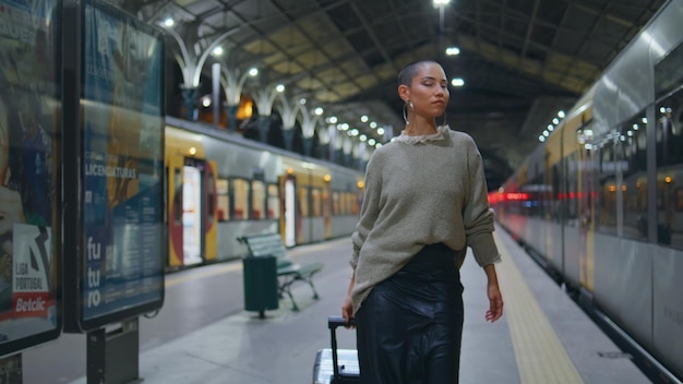 Ragazza alla moda che cammina nella stazione ferroviaria guardando la telecamera sorridendo donna dai capelli corti che va