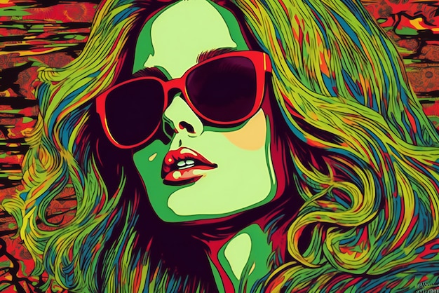 Ragazza alla moda con gli occhiali da sole su uno sfondo colorato Illustrazione di pop art