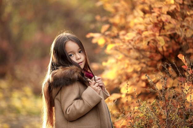 Ragazza alla moda del bambino di 5 anni in posa all'aperto. Piccolo bambino felice che gioca nel parco autunnale