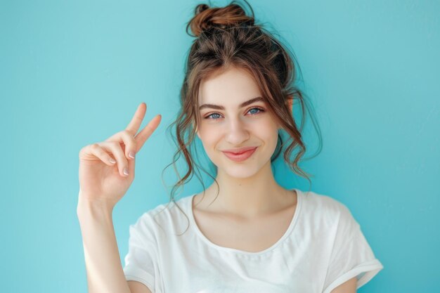 Ragazza allegra con il portatile che fa il segno ok e fa l'occhiolino.