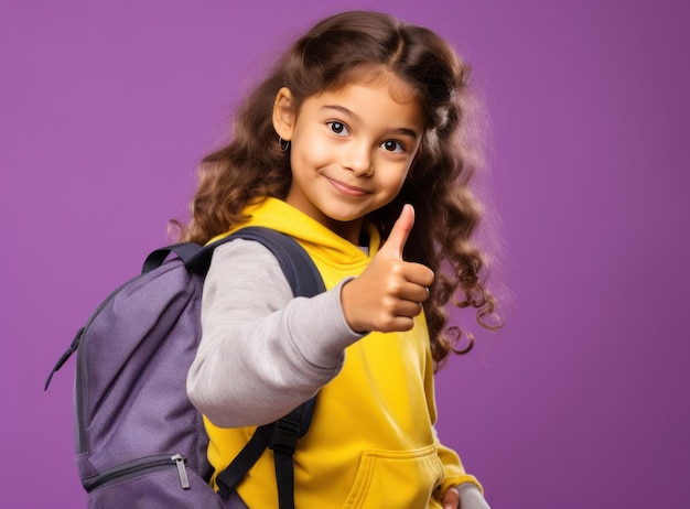 Ragazza allegra in uniforme scolastica che indica il dito in alto