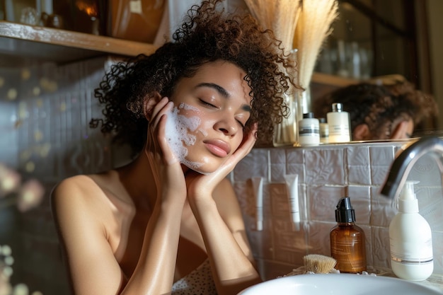 Ragazza americana con coda di maiale si applica schiuma sul viso in bagno Igiene e cura della pelle facciale