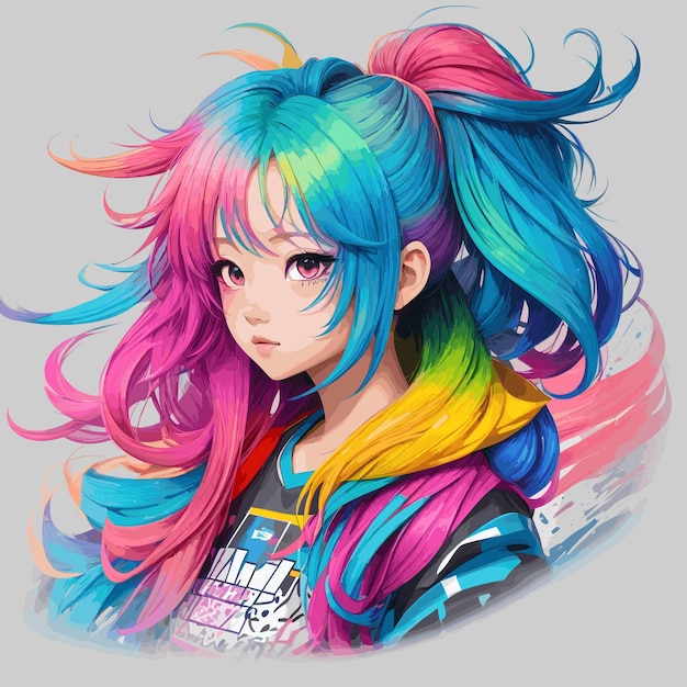 Ragazza anime carina con illustrazione di capelli colorati