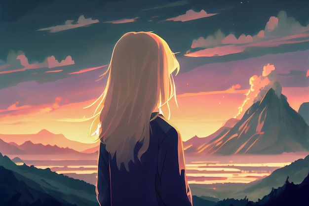 Ragazza anime che ammira il tramonto sulle montagne IA generativa