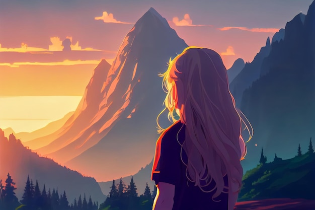 Ragazza anime che ammira il tramonto sulle montagne IA generativa