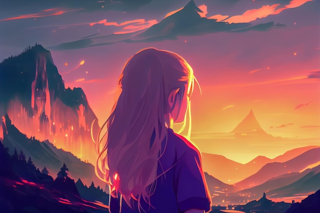 Ragazza anime che ammira il tramonto sulle montagne IA generativa