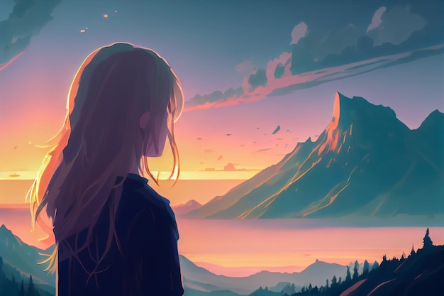 Ragazza anime che ammira il tramonto sulle montagne IA generativa