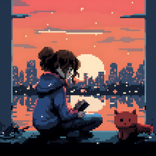 ragazza anime che ascolta i ritmi lofi accompagnata dal suo gatto in stile pixel art