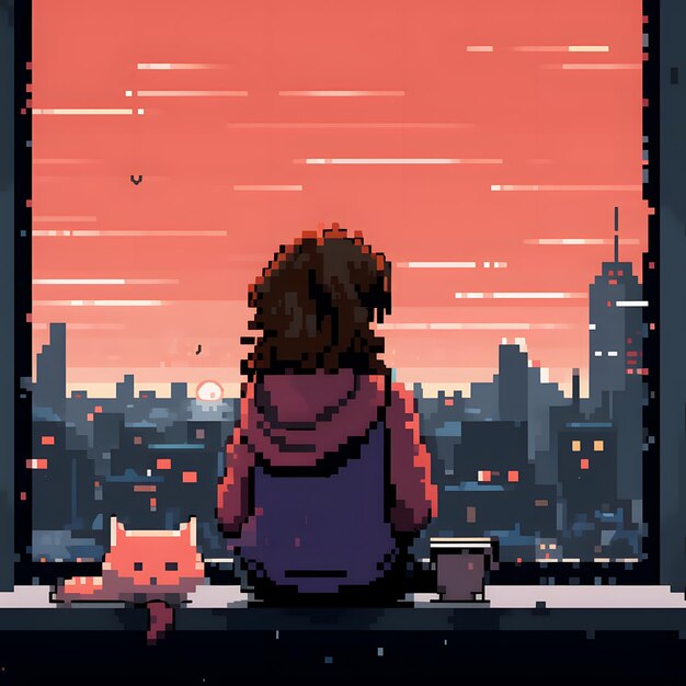 ragazza anime che ascolta i ritmi lofi accompagnata dal suo gatto in stile pixel art