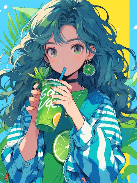 Ragazza anime che beve un drink con una cannuccia e una fetta di lime generativa ai