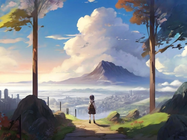 ragazza anime che guarda l'alba di montagna arte digitale pittura arte anime sfondo grafica personaggi anime carta da parati fantasia ragazza cartone animato