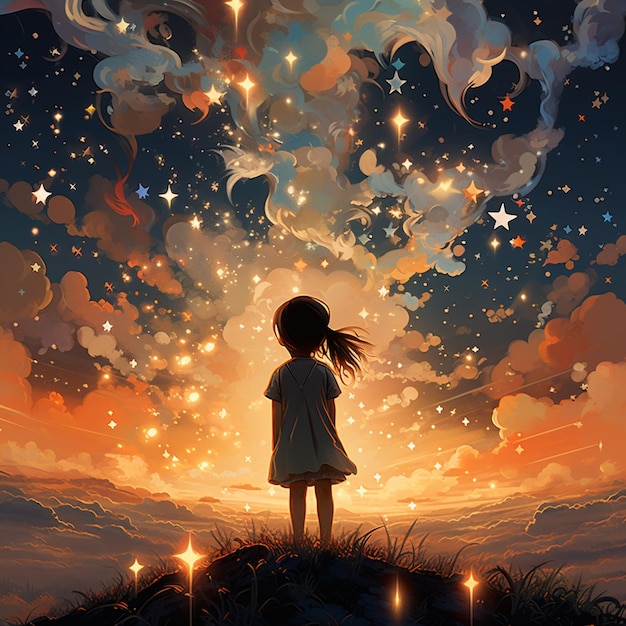 ragazza anime che guarda le stelle nel cielo ai generative