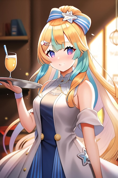 Ragazza anime che tiene un vassoio di champagne