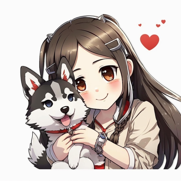 Ragazza anime con cane husky in braccio ai generativa