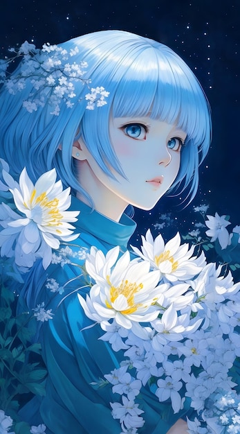 ragazza anime con capelli blu corti e fiori bianchi