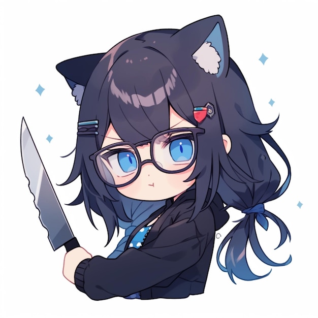 ragazza anime con gli occhiali che tiene in mano un coltello e un orecchio di gatto ai creativo