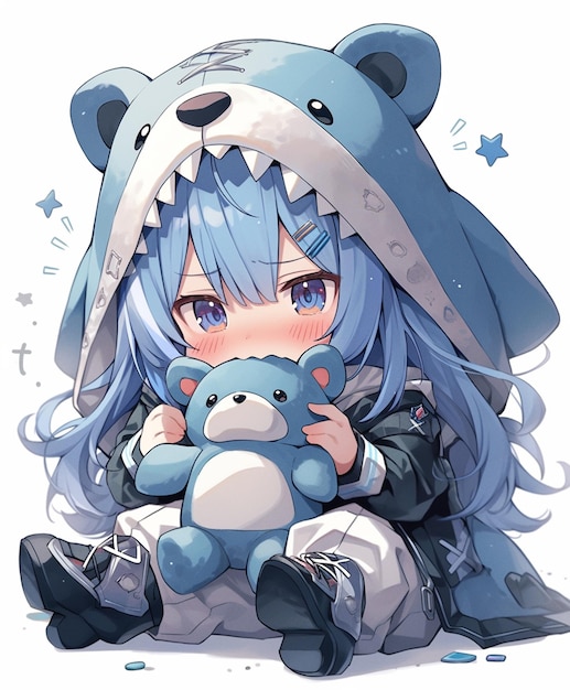 ragazza anime con i capelli blu e un orso blu seduto a terra ai generativa