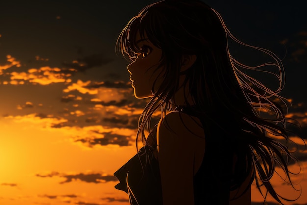 ragazza anime con i capelli lunghi guardando il tramonto