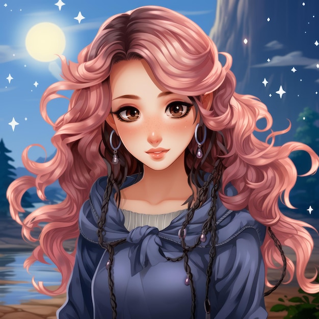 ragazza anime con i capelli rosa in piedi davanti alla luna