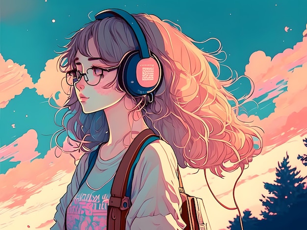 ragazza anime con l'illustrazione lofi delle cuffie