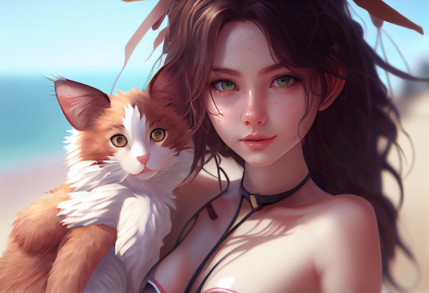 Ragazza anime con occhi belli con ritratto di gatto sulla spiaggia in estate in vacanza IA generativa