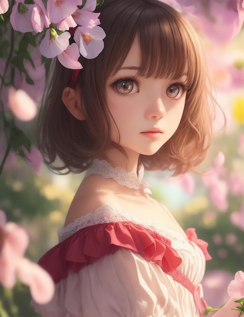 Ragazza anime con uno sfondo di fiori