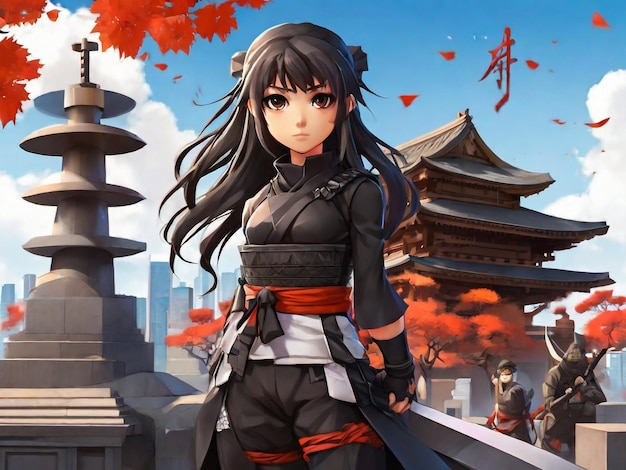 Ragazza anime giovane ragazza ninja sullo sfondo del monumento giapponese