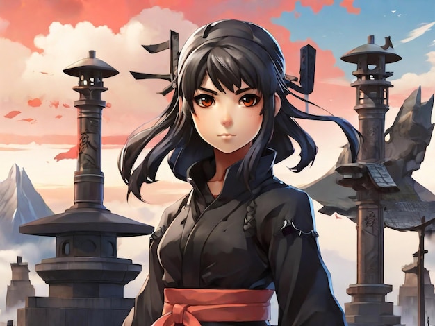 Ragazza anime giovane ragazza ninja sullo sfondo del monumento giapponese