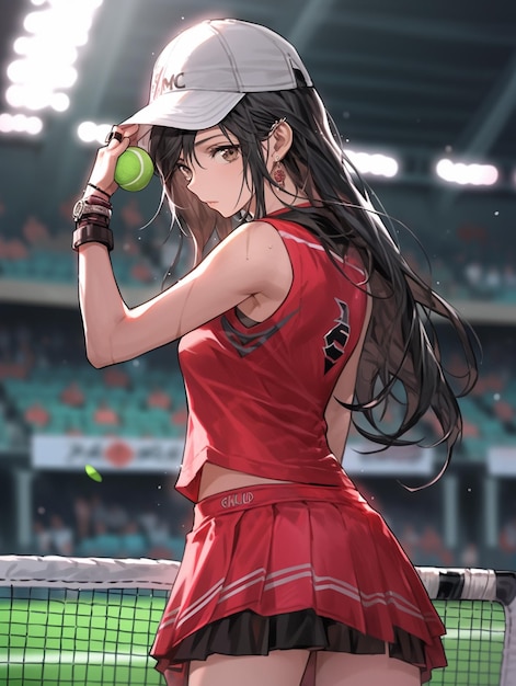 Ragazza anime in abito da tennis rosso che tiene una pallina da tennis e una racchetta ai generativa