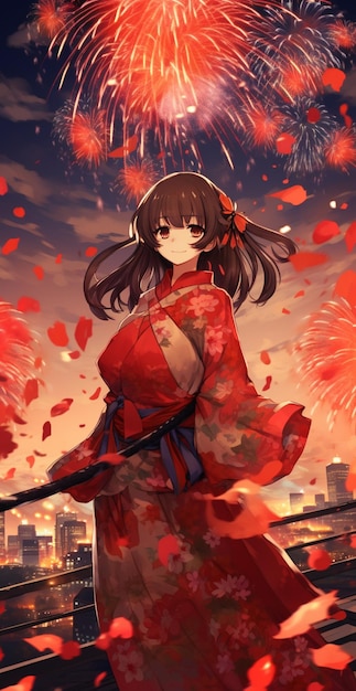ragazza anime in abito kimono con fuochi d'artificio sullo sfondo ai generativi