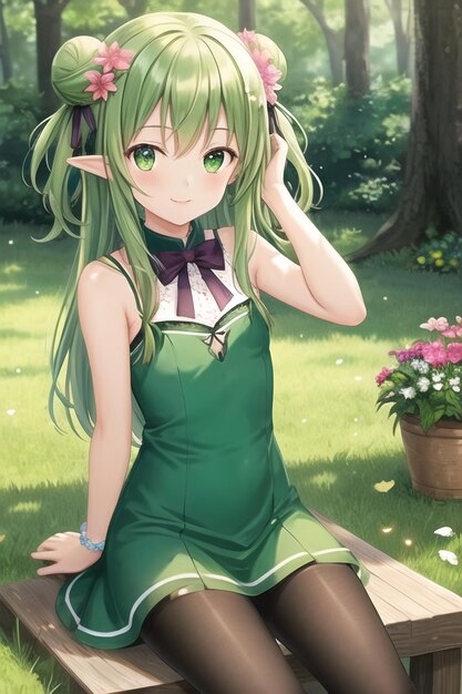 Ragazza anime in abito verde seduto a terra